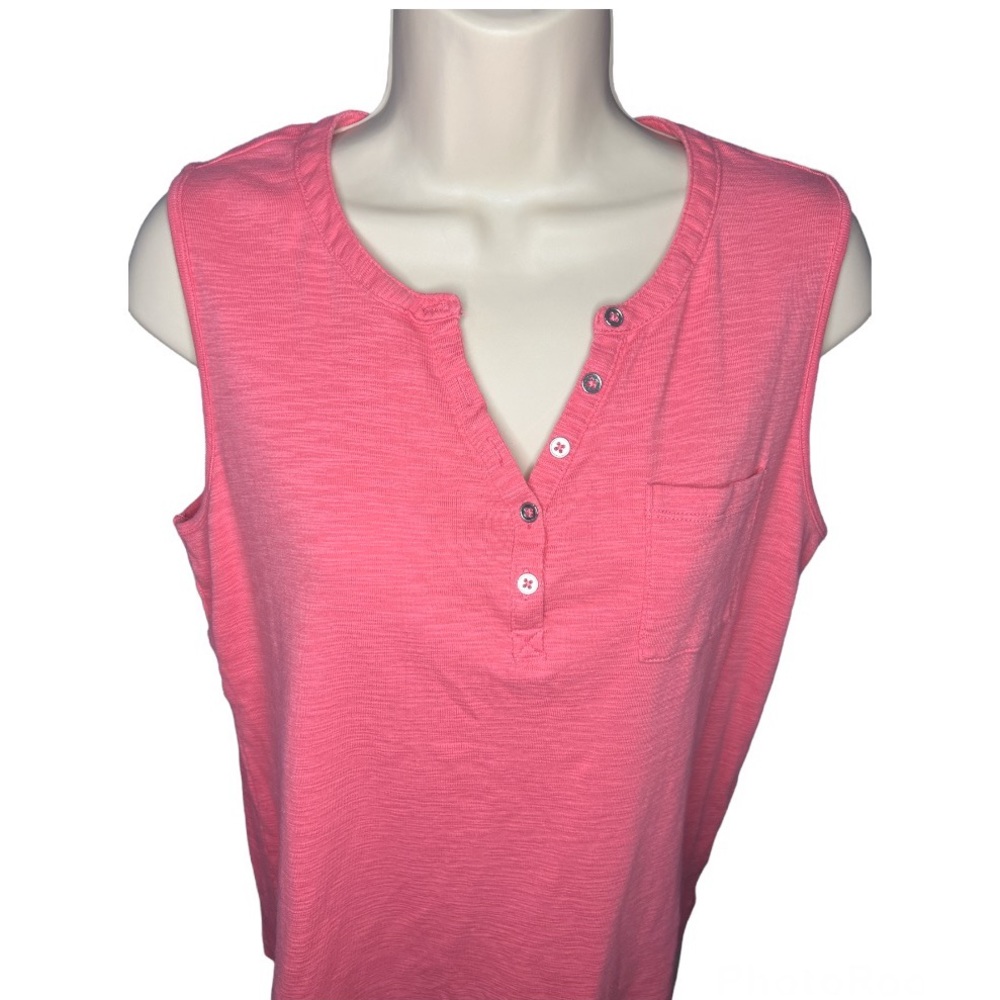 Liz Claiborne Womens Henley Tank Coral Sleeveless Button Crew Neck w/Pocket Med.